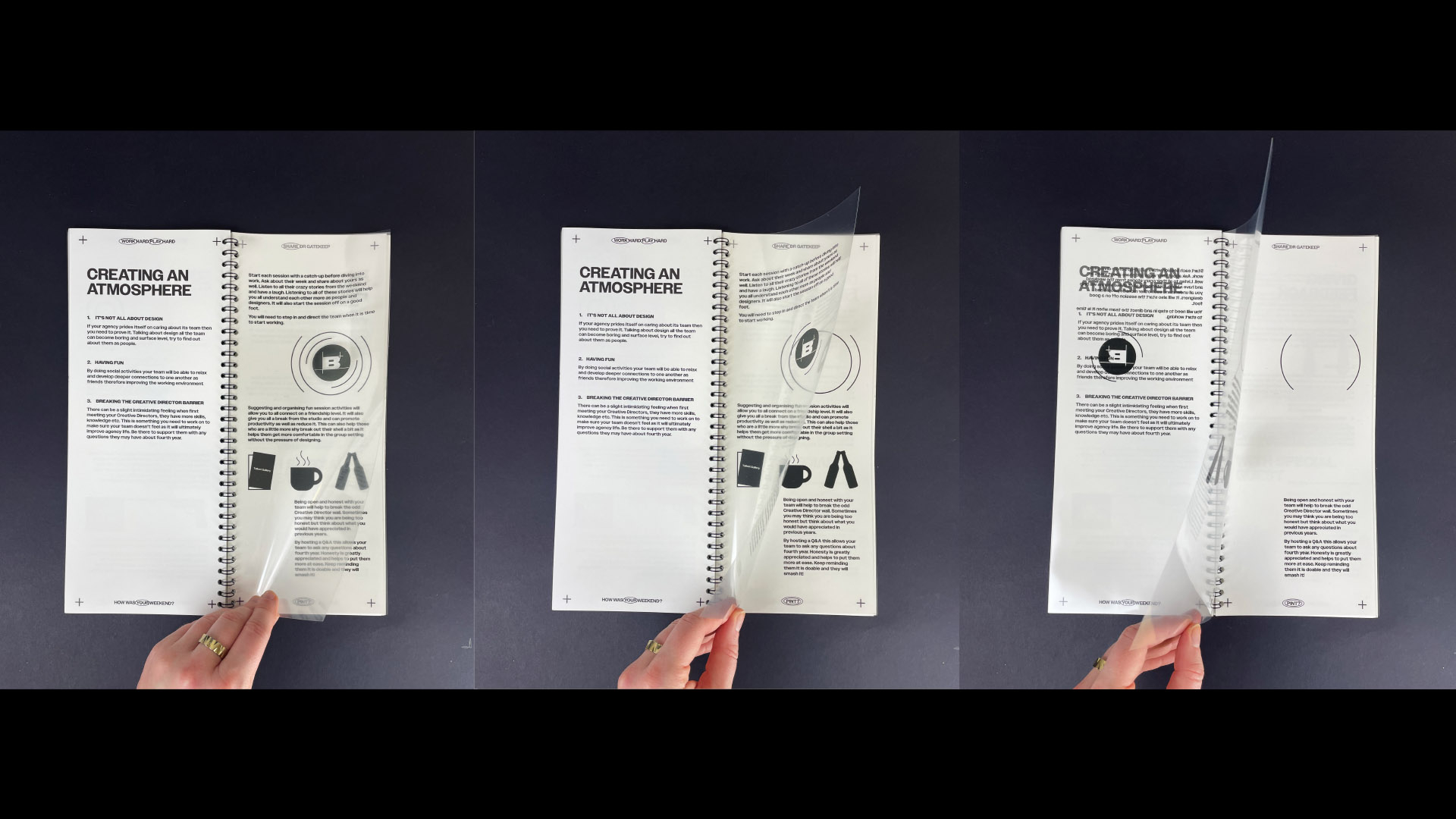 Flicking through publication that features layered acetate