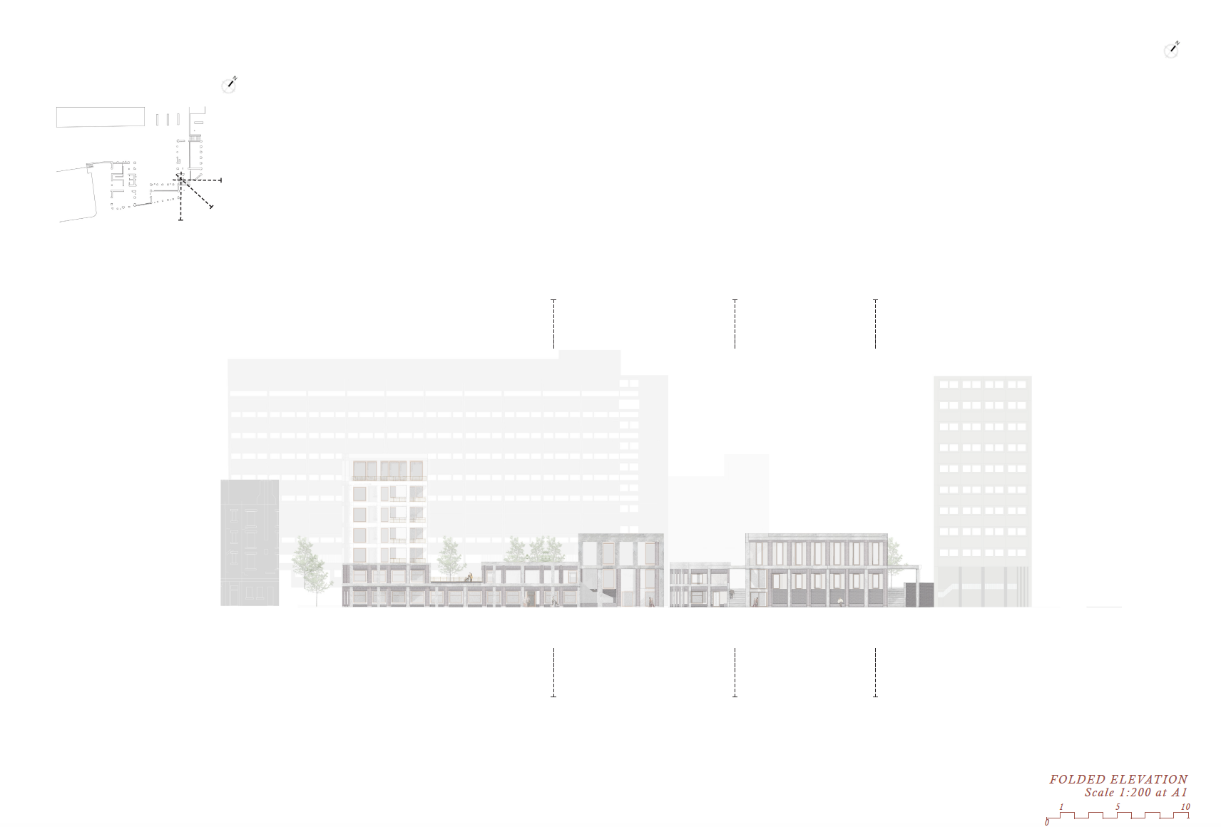 Folded elevation describing the 'new' perimeter and its civic presence