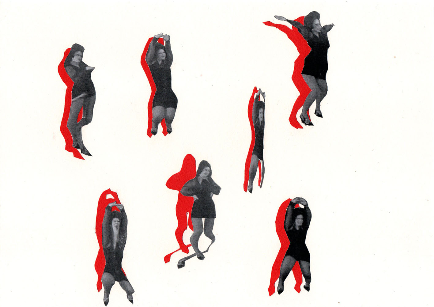 Collage created with distorted images of a person dancing and red shadows cut out from paper.